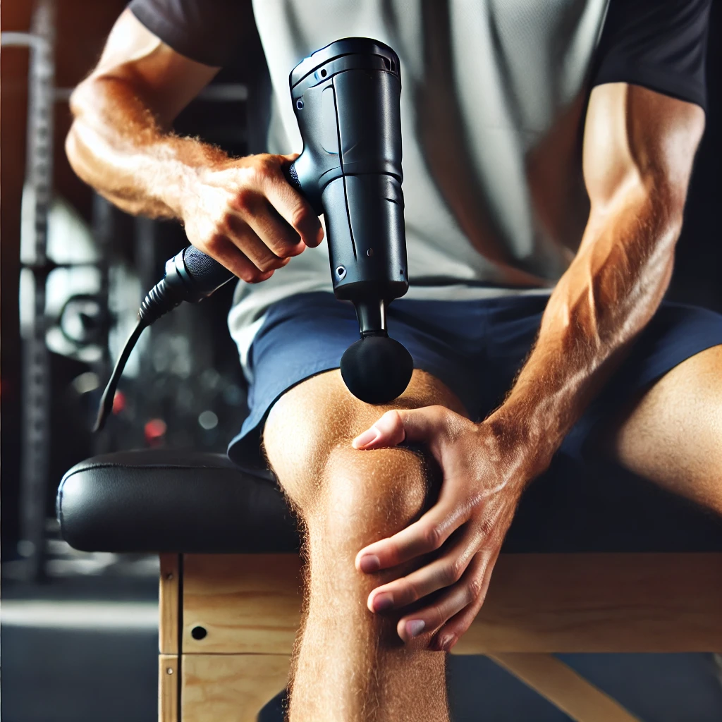 DALL·E 2025-02-08 22.09.18 - An athlete using a massage gun on their thighs, emphasizing muscle recovery and relaxation. The image should show a focused athlete in a gym or home r