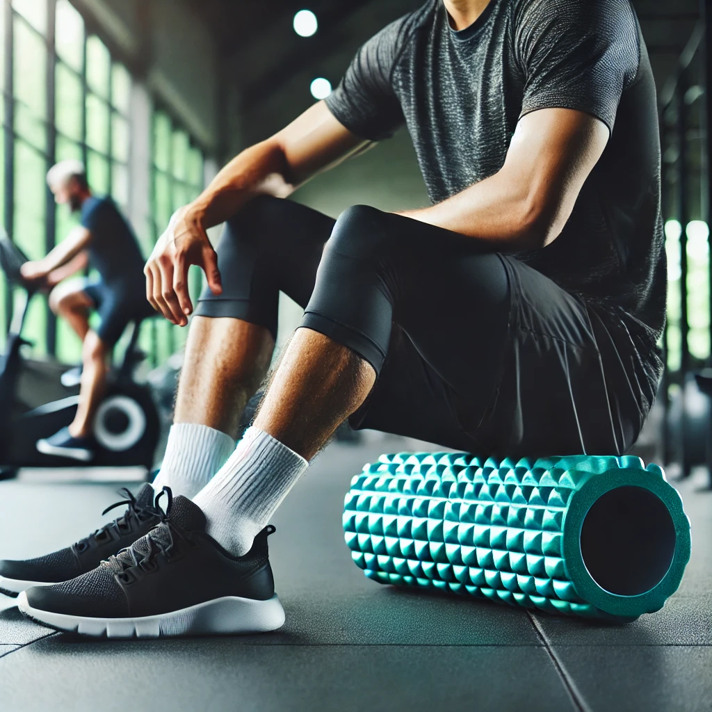 DALL·E 2025-02-08 22.09.48 - An athlete using a foam roller on their legs in a gym setting. The image should emphasize proper technique and muscle recovery benefits