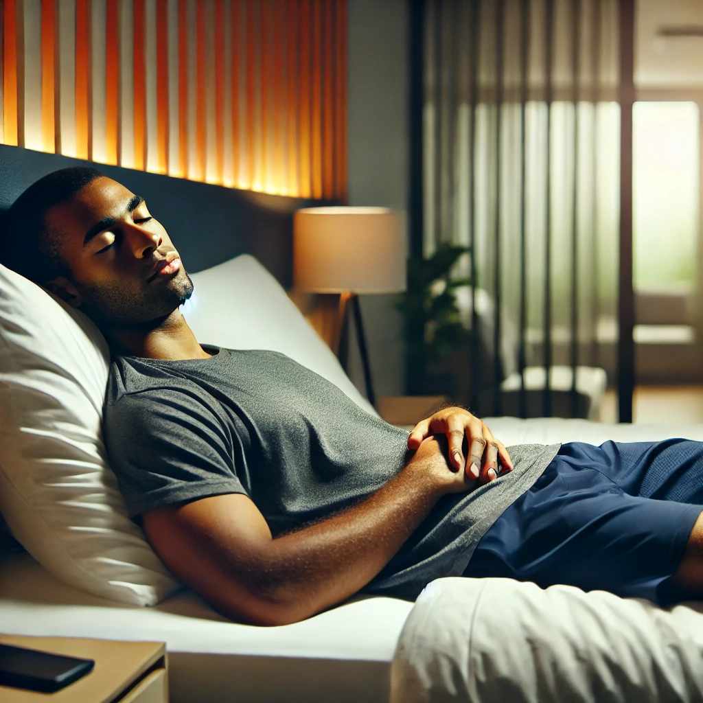 DALL·E 2025-02-08 22.09.57 - An athlete sleeping after a workout, looking fully relaxed in a comfortable bed. The room should have a calm ambiance with soft lighting, highlighting