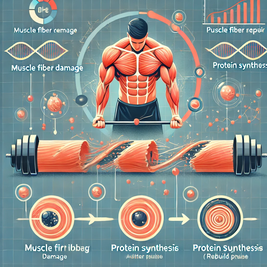 DALL·E 2025-02-08 22.10.08 - An infographic showing the process of muscle fiber repair after weightlifting. It should illustrate muscle fiber damage, protein synthesis, and the re