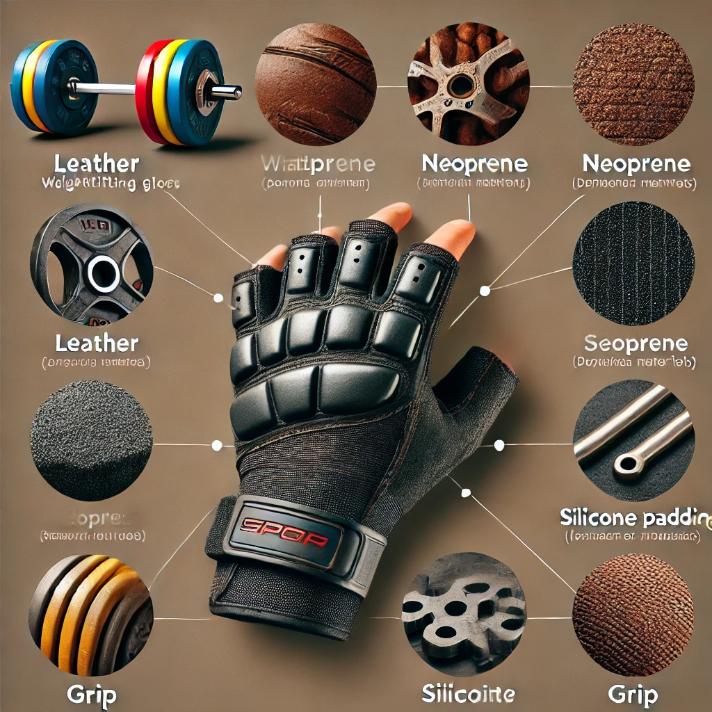 DALL·E 2025-02-08 22.43.35 - A weightlifting glove grip comparison chart, showing different materials like leather, neoprene, and silicone padding, highlighting their grip strengt