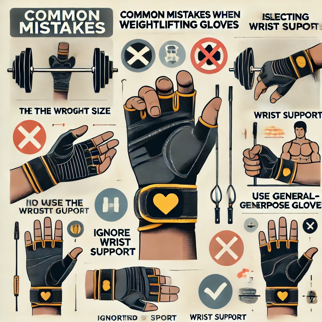 DALL·E 2025-02-08 22.43.46 - An infographic showing common mistakes when selecting weightlifting gloves, such as choosing the wrong size, ignoring wrist support, and using general