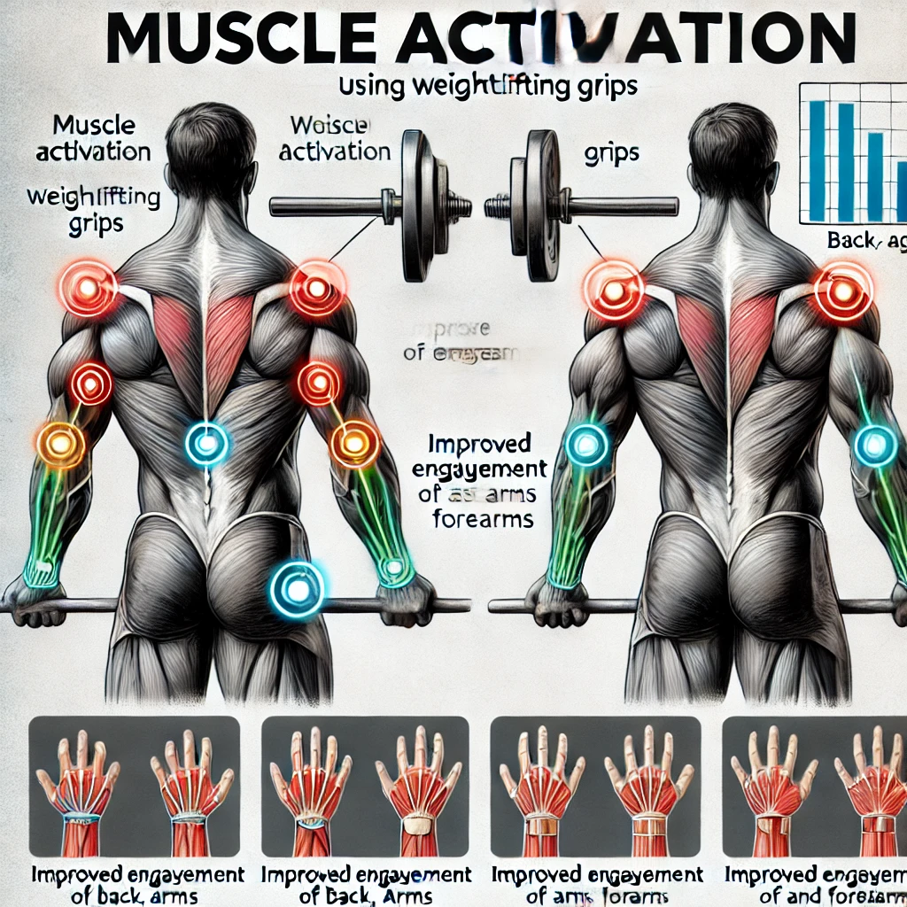DALL·E 2025-02-09 22.17.48 - A muscle activation comparison chart showing the benefits of using weightlifting grips, highlighting improved engagement of back, arms, and forearms