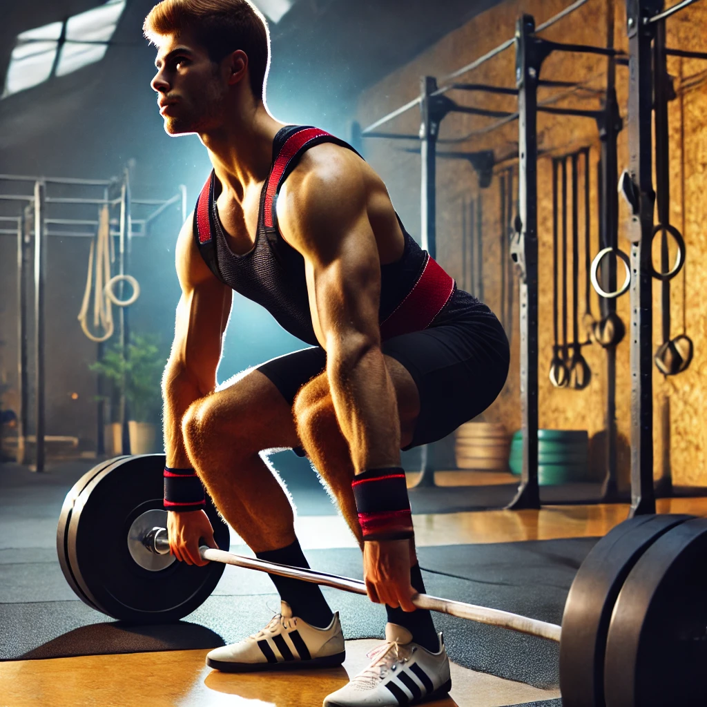 DALL·E 2025-02-09 22.17.53 - An athlete performing deadlifts with weightlifting straps, emphasizing proper form and grip security in a gym environment