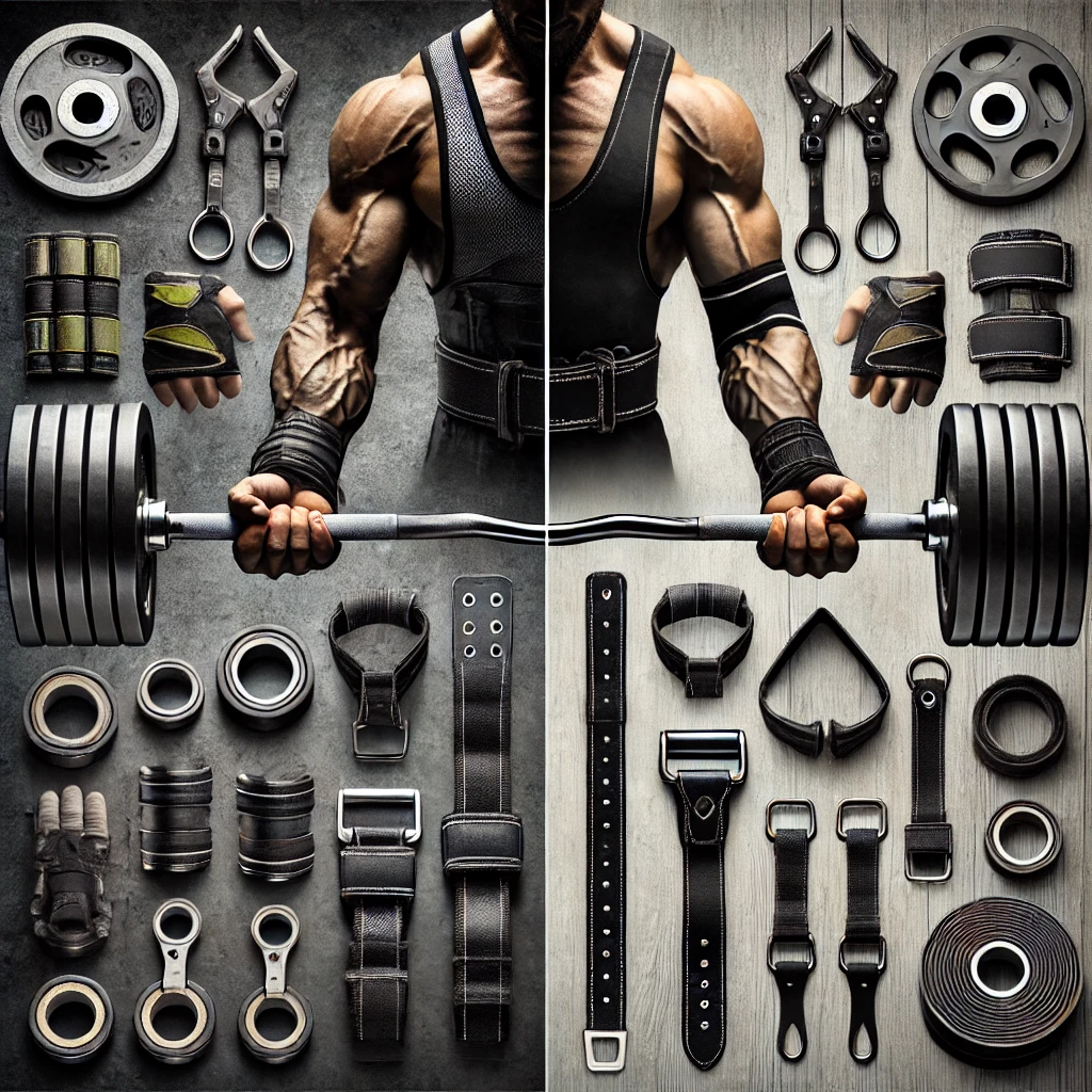 DALL·E 2025-02-09 22.17.58 - A side-by-side comparison of weightlifting grips and straps, showcasing their advantages and best use cases for powerlifting, bodybuilding, and CrossF