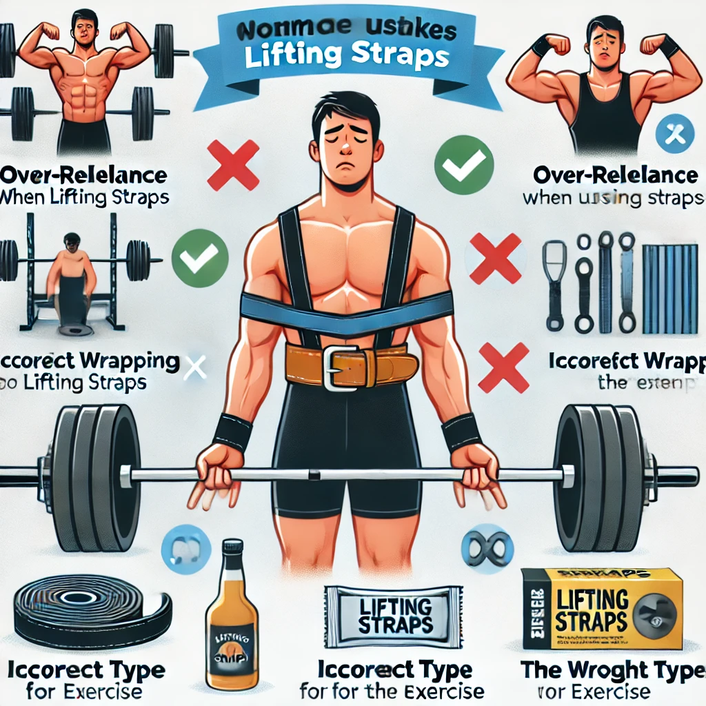 DALL·E 2025-02-09 22.18.03 - An infographic illustrating common mistakes when using lifting straps, including over-reliance, incorrect wrapping, and using the wrong type for the e