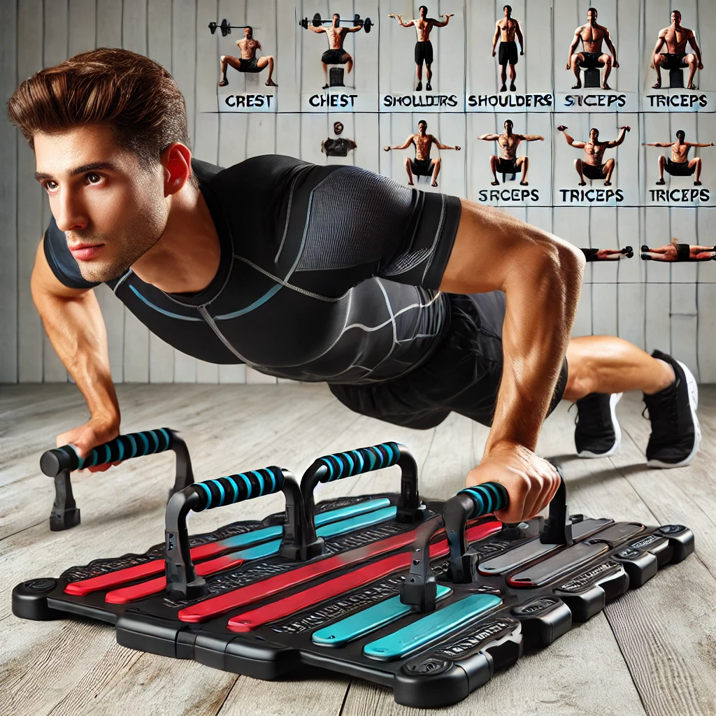 DALL·E 2025-02-10 12.01.01 - A professional push-up board with multiple grip positions and color-coded sections for targeting different muscle groups, including chest, shoulders,