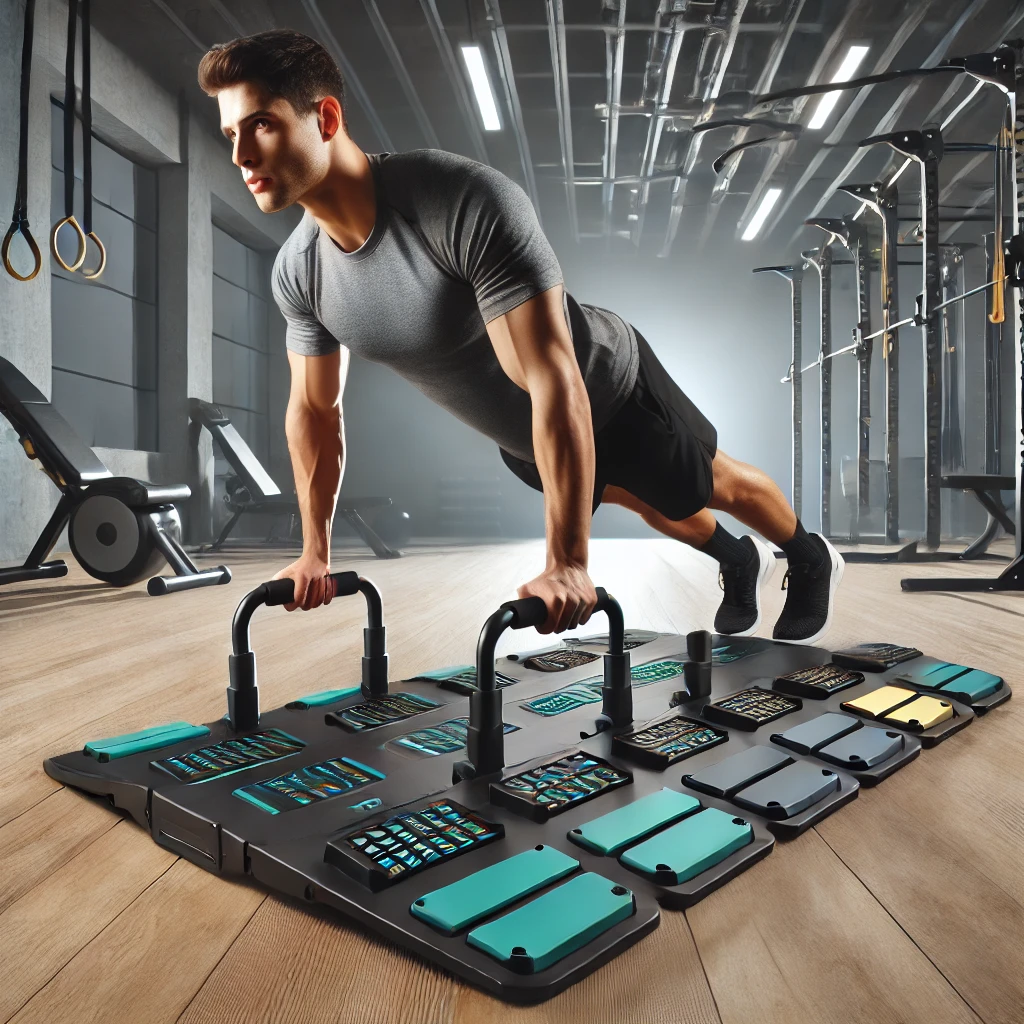 DALL·E 2025-02-10 12.03.31 - A high-quality push-up board with multiple grip positions and color-coded sections designed to target different muscle groups, including chest, should