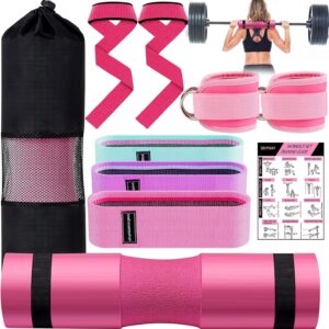 Barbell Pad Set for Squat,9 PCS Hip Thrusts Workout Foam Weight Lifting Bar Cushion with 2 Gym Ankle Straps,3 Hip Resistance Bands,2 Lifting Strap,Barbell Pad and Carry Bag